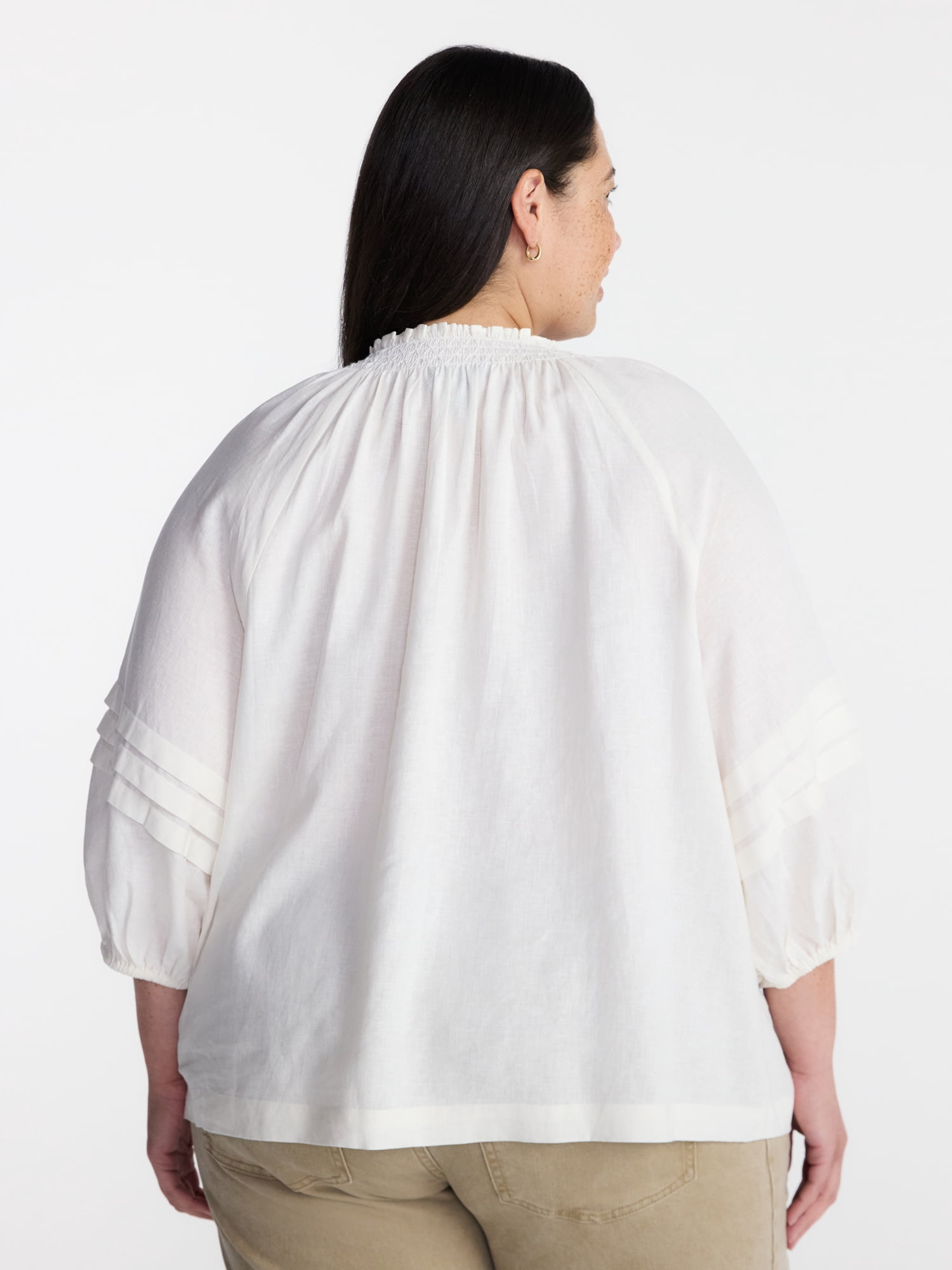 Terra & Sky Women’s Plus Linen Blend Blouse with Elbow Length Puff Sleeves, Sizes 0X-5X