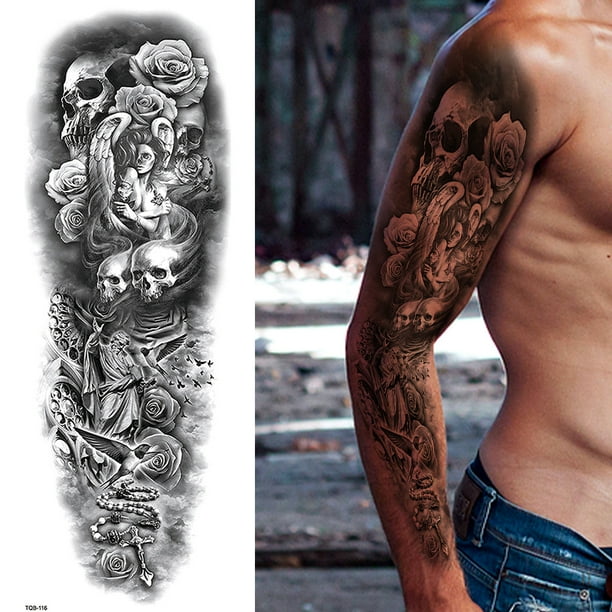 Etiqueta Engomada Del Tatuaje Del Brazo Brazo impermeable tatuaje flor calavera cuerpo arte pegatinas para mujeres hombres fiesta (2) Wdftyju Libre de BPA