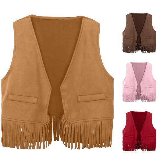 Krdevn Kids Western Fringe Vest Open Front Sleeveless Tassel Waistcoat Top for Party Dress Up,11-12 Years