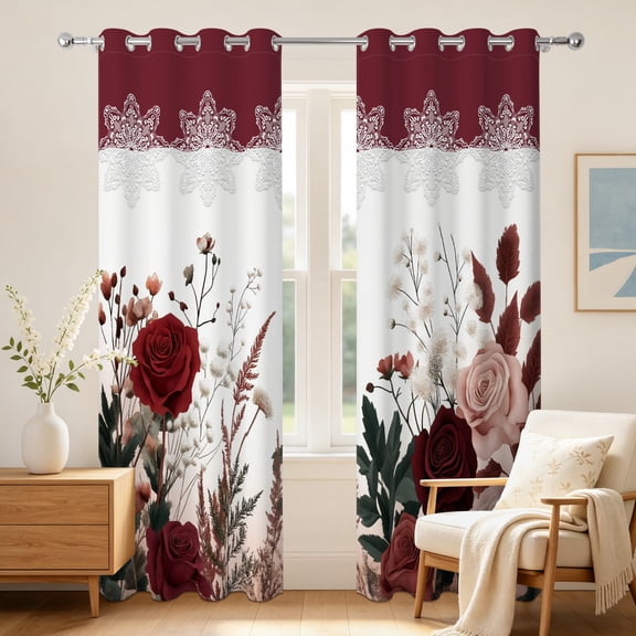 Vintage Burgundy Red Floral Blackout Curtains For Bedroom Living Room,2 Panels,42x63 Inch,Thermal Insulated,Grommet Top