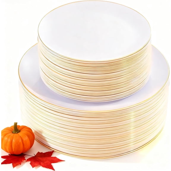 100PCS Disposable Plates - White with Gold Rim for Thanksgiving Party/Wedding - Includes 50Pieces 10.25inch Dinner and 50Pieces 7.5inch Dessert/Salad Plates