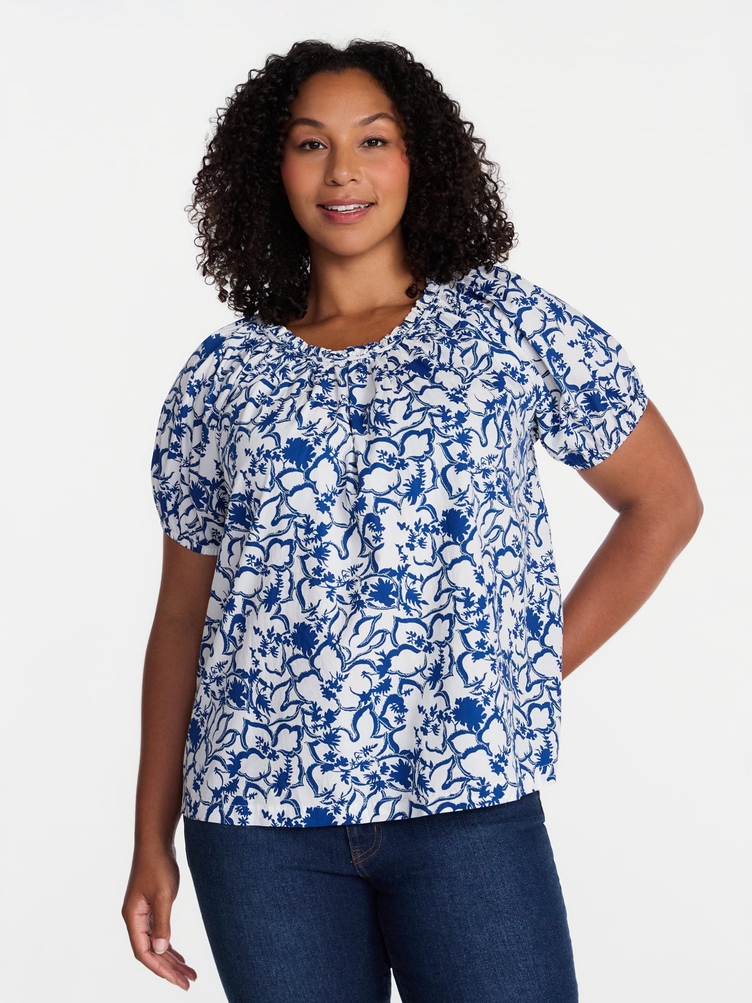Time and Tru Women's Ruffle Neck Cotton Top with Short Puff Sleeves, Sizes XS-XXXL