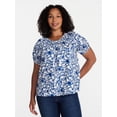 thumbnail image 2 of Time and Tru Women's Ruffle Neck Cotton Top with Short Puff Sleeves, Sizes XS-XXXL, 2 of 6