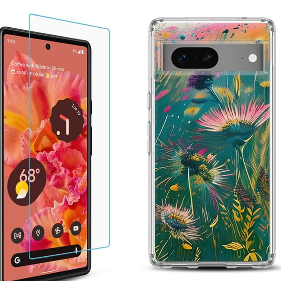 OneToughShield ® for Google Pixel 7a Shockproof Bumper Phone Case, with Tempered Glass Screen Protector - Flower Wind