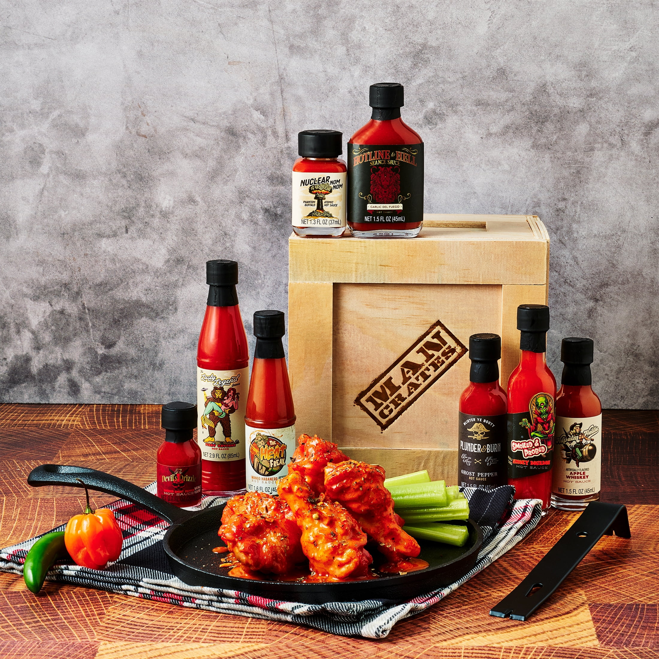Man Crates Gourmet Hot Sauce Gift Set for Men, Sampler with Mild to Extreme Ghost Pepper Flavors, Unique Hot Sauce Challenge for Father's Day Gifts, Husband, or Spice Lovers, 8-Pack
