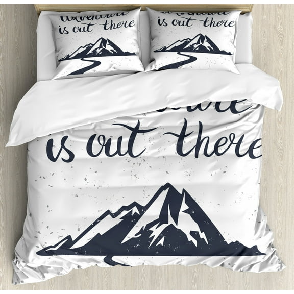Landscape King Size Duvet Cover Set, Monochrome Mountain Road Exploration Quote Adventure is Out There, Decorative 3 Piece Bedding Set with 2 Pillow Shams, Charcoal Grey and White, by Ambesonne