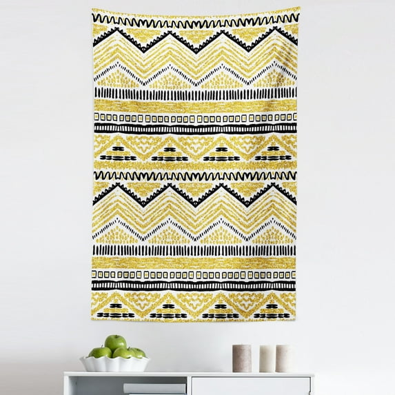 Yellow and Black Tapestry, Prehistoric Design with Zig Zag Lines Stripes Chevron, Fabric Wall Hanging Decor for Bedroom Living Room Dorm, 5 Sizes, Yellow Black and White, by Ambesonne
