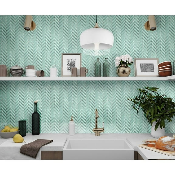 Apollo Tile 5 Pack 11-in x 12.6-in Blizzard Blue Herringbone Glossy Finished Glass Mosaic Wall and Floor Tile (4.92 sq ft/case)