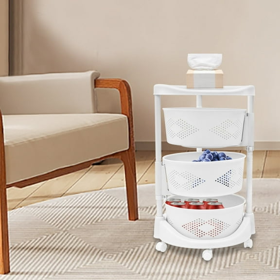 3 Tiers Storage Rack, Kitchen Storage Basket Cart, Rotating Storage Shelves Rack with 5 universal wheels (2 with brakes)