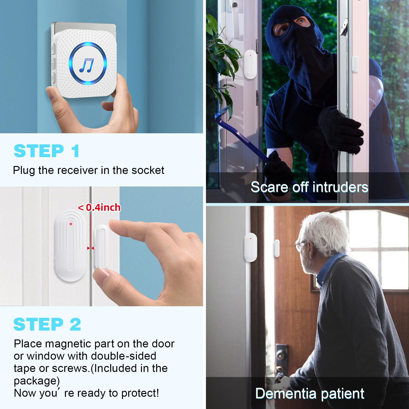 CallTou Wireless Door Chime System with 4 Sensors & 2 Receivers, WiFi App Alerts, 55 Ringtones, 5 Volume Levels, LED Indicator, Mute Mode for Home & Business