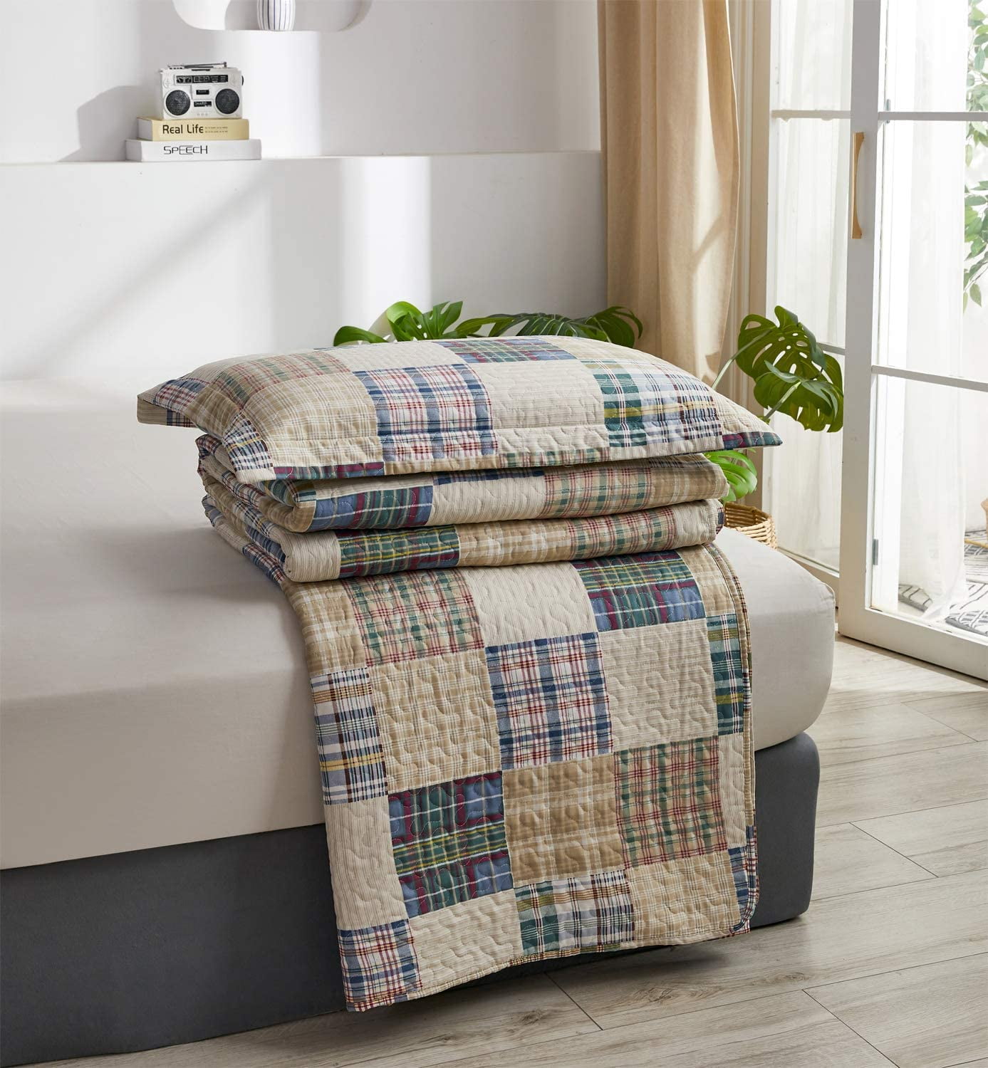 Jessy Home Beige Plaid Quilt Full/Queen Patchwork Bedding Microfiber Bedspread Coverlet