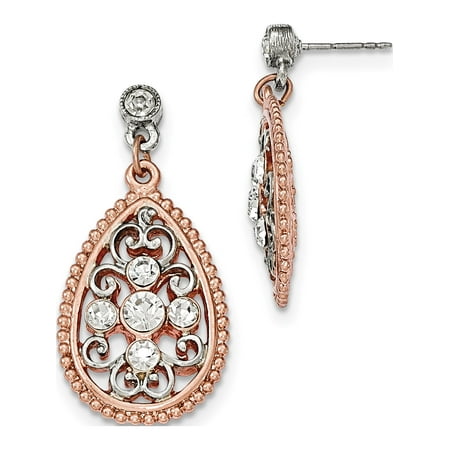 Copper Crystal Earrings - 1928 - Copper and Silver-tone White Crystal Filigree Post Dangle Earrings