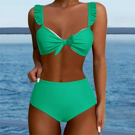 Ovticza High Waisted Bikini Sets for Women Ruffle Tummy Control Swimsuits Tie Knot Two Piece Bathing Suits 2025 Green 2XL