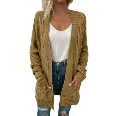 GIPQJK Cardigan Sweaters for Women Open Front Chunky Cable Knit Cardigan Sweaters Long Sleeve Soild Color Outwear Coat with Pockets,Khaki XL