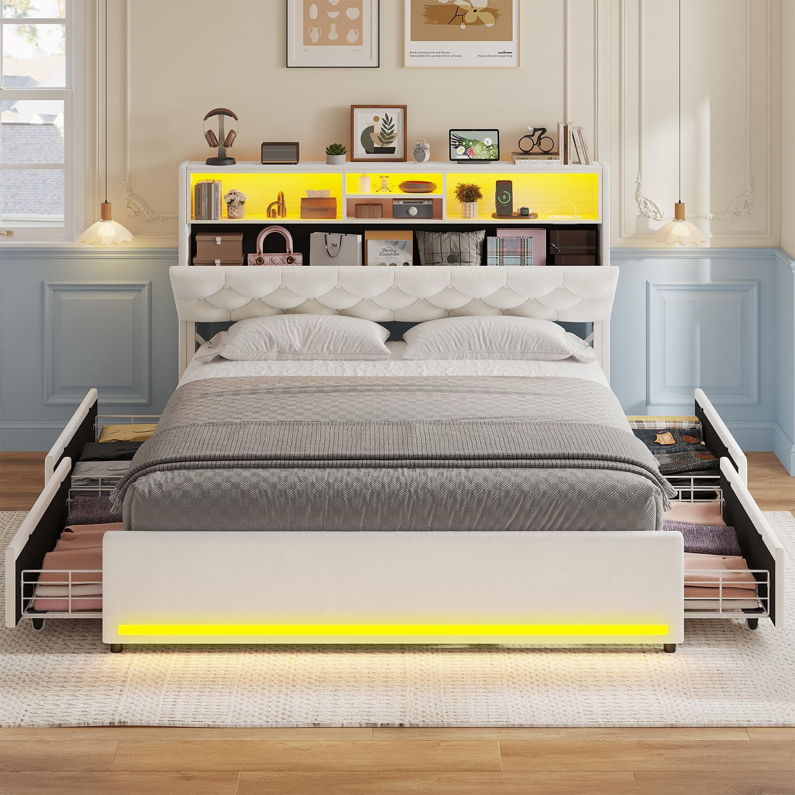 Afuhokles Full Bed Frame with Bookcase Headboard,LED Bed Frame with 4 Storage Drawers,Power Outlet, Modern Velvet Upholstered Platform Bed with 5 Shelf, No Box Spring Needed, Creamy White