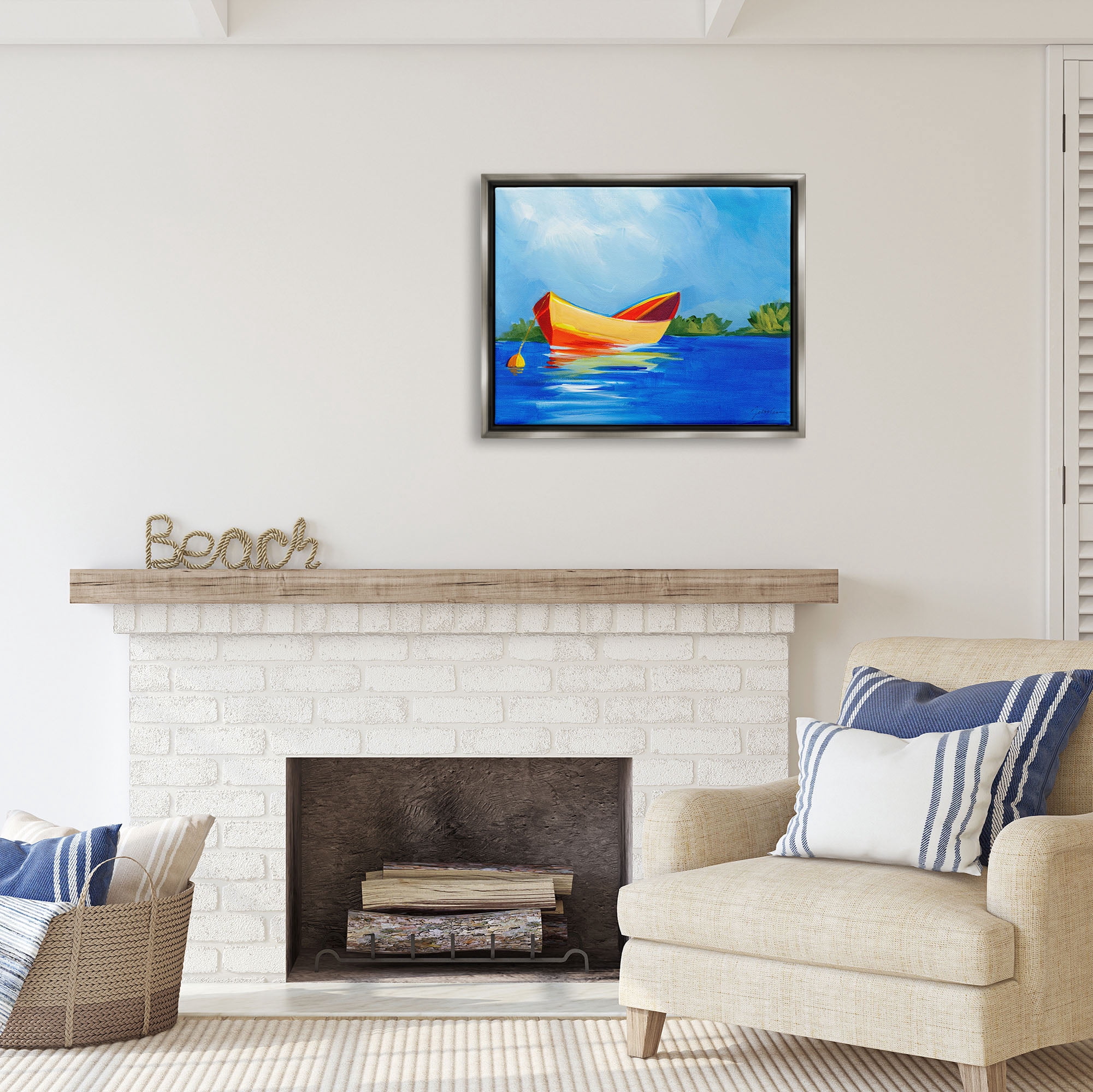 Stupell Industries Modern Boat on Lake Transportation Painting Gray Floater Framed Art Print Wall Art, 31 x 25