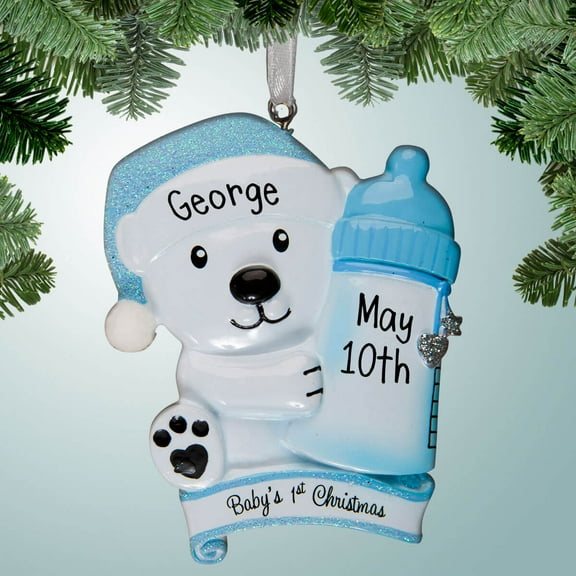 Baby Boy Polar Bear with Big Bottle - Personalized Ornament - Baby's First Christmas - 1st Xmas - Perfect Stocking Stuffer - Great Gift Ideas