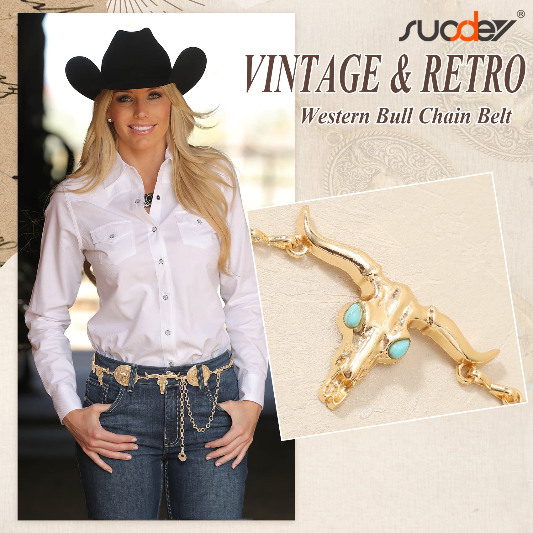 SUOSDEY Women Western Chain Waist Belt Cowgirl Metal Liberia  display picture 1