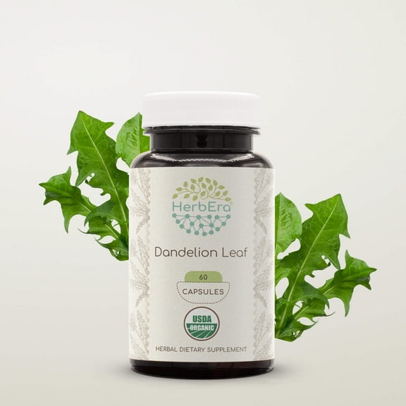 HerbEra Dandelion Leaf Capsules, Organic Herbal Dietary Supplement for Liver Support, Certified Organic Dandelion (Taraxacum Officinale) Dried Leaf Capsules, Natural, 60 Capsules