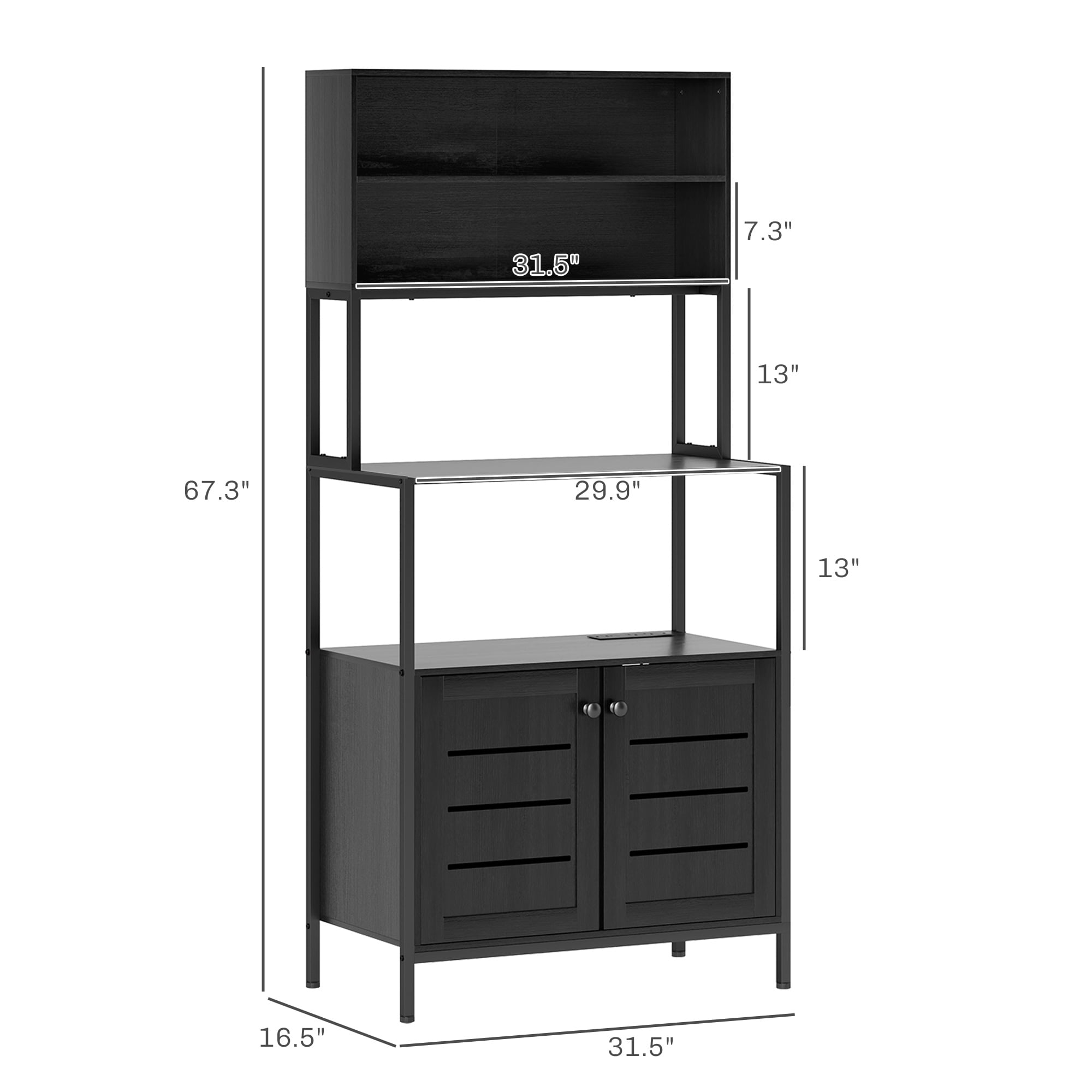 HOMCOM Baker's Rack with Power Outlet, Coffee Bar Cabinet with Storage Shelves, Microwave Stand with Louvred Door Cabinets, Black