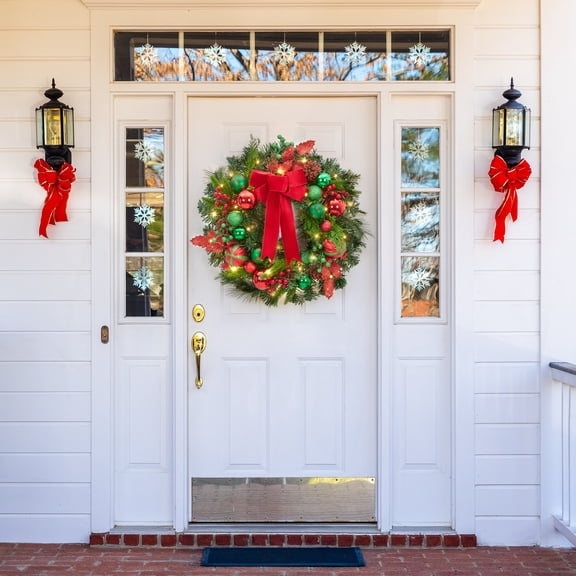 22 Inch Pre-Lit Christmas Wreath for Front Door, Battery Operated Lighted Xmas Wreath with Red Green Balls, Large Red Bow, Berries for Indoor Outdoor Holiday Decor