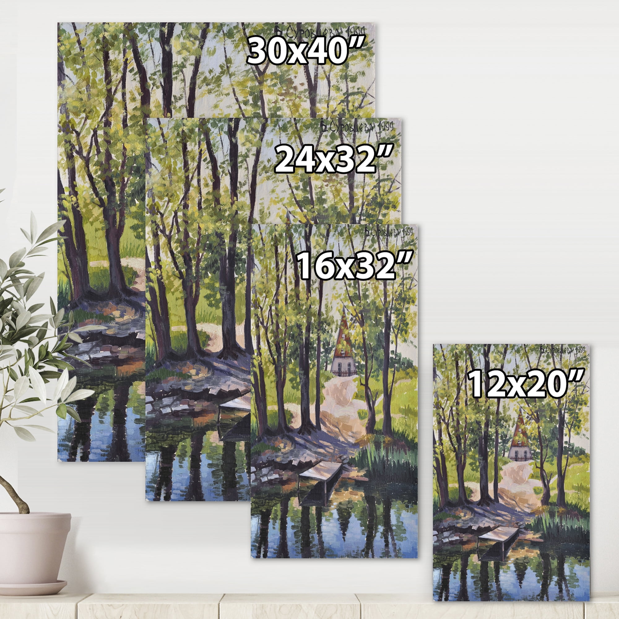 Designart ' Mysterious Countryside House By The River In The Woods ' Lake House Canvas Wall Art Print
