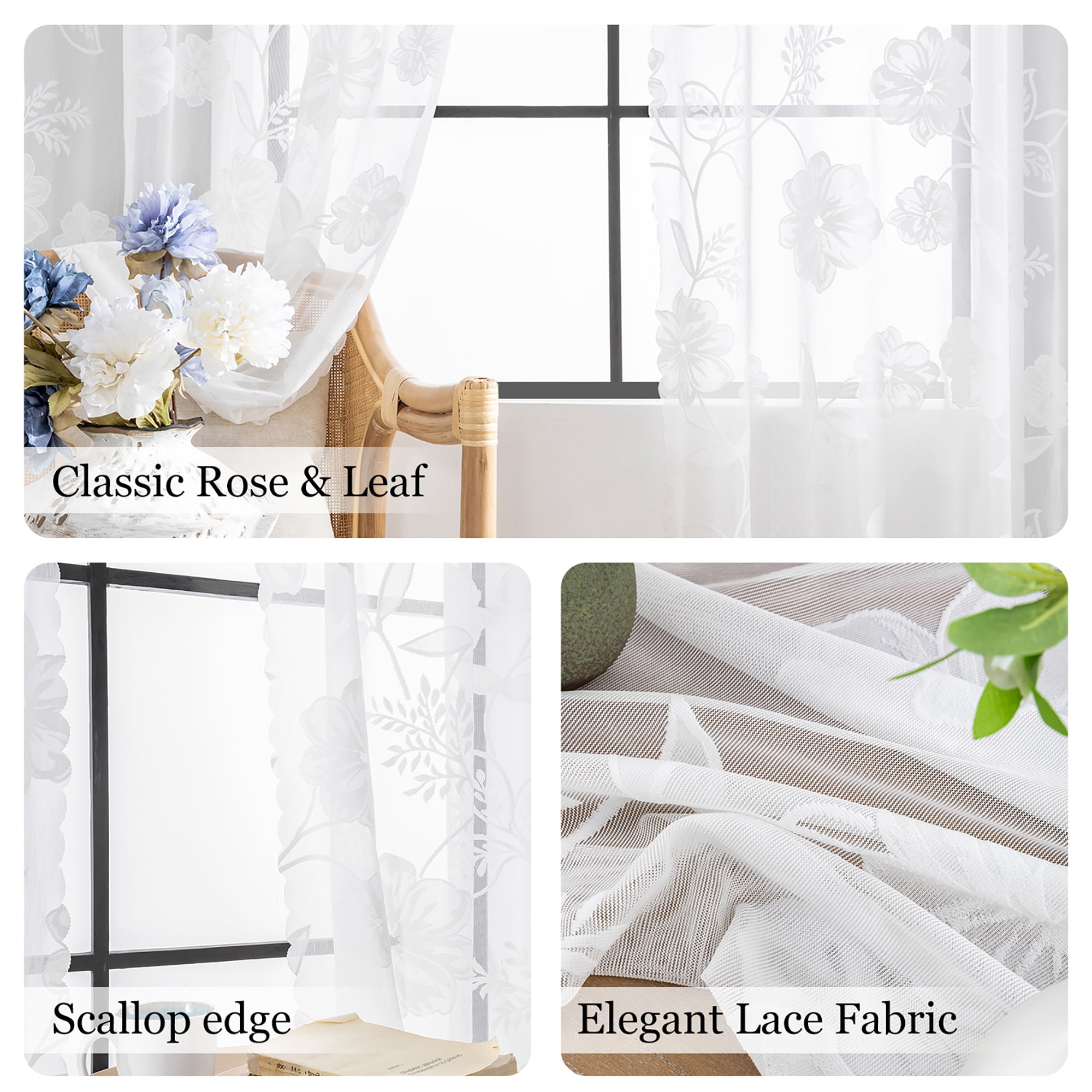 Exultantex White Sheer Lace Curtains Vintage Rose Floral Embroidered Sheer Window Drapes for Bedroom Living Room,54"wx63"L,2pcs,Rod Pocket