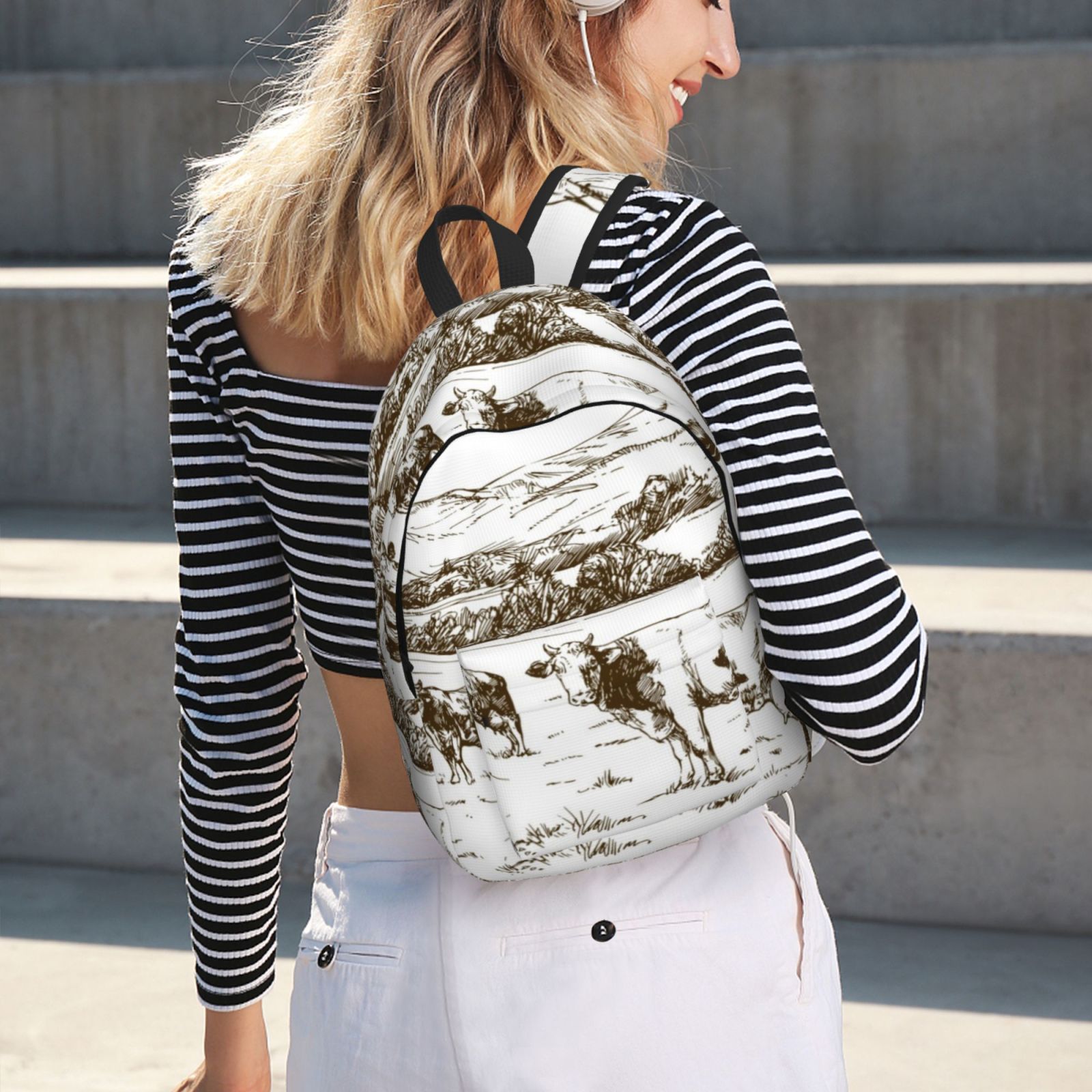 Picia Cows Grazing On The Meadow 2 Printed Canvas Daypack - Stylish and Durable Vintage Compact Backpack - Class, Work, Travel, or Laptop Bookbag,Organized Compartments-Medium