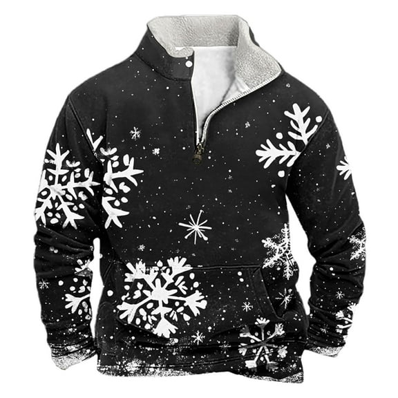 successthop Mens Christmas Sweatshirts Snow Quarter Zip Long Sleeve Sweater Pullover Top with Pocket Streetwear Black