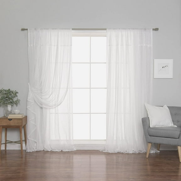 Quality Home Faux Pippin Linen Sheer Tulle Overlay Curtains - Rod Pocket - White - 50" W x 84" L - Tie Backs Included (Set of 2 Panels)