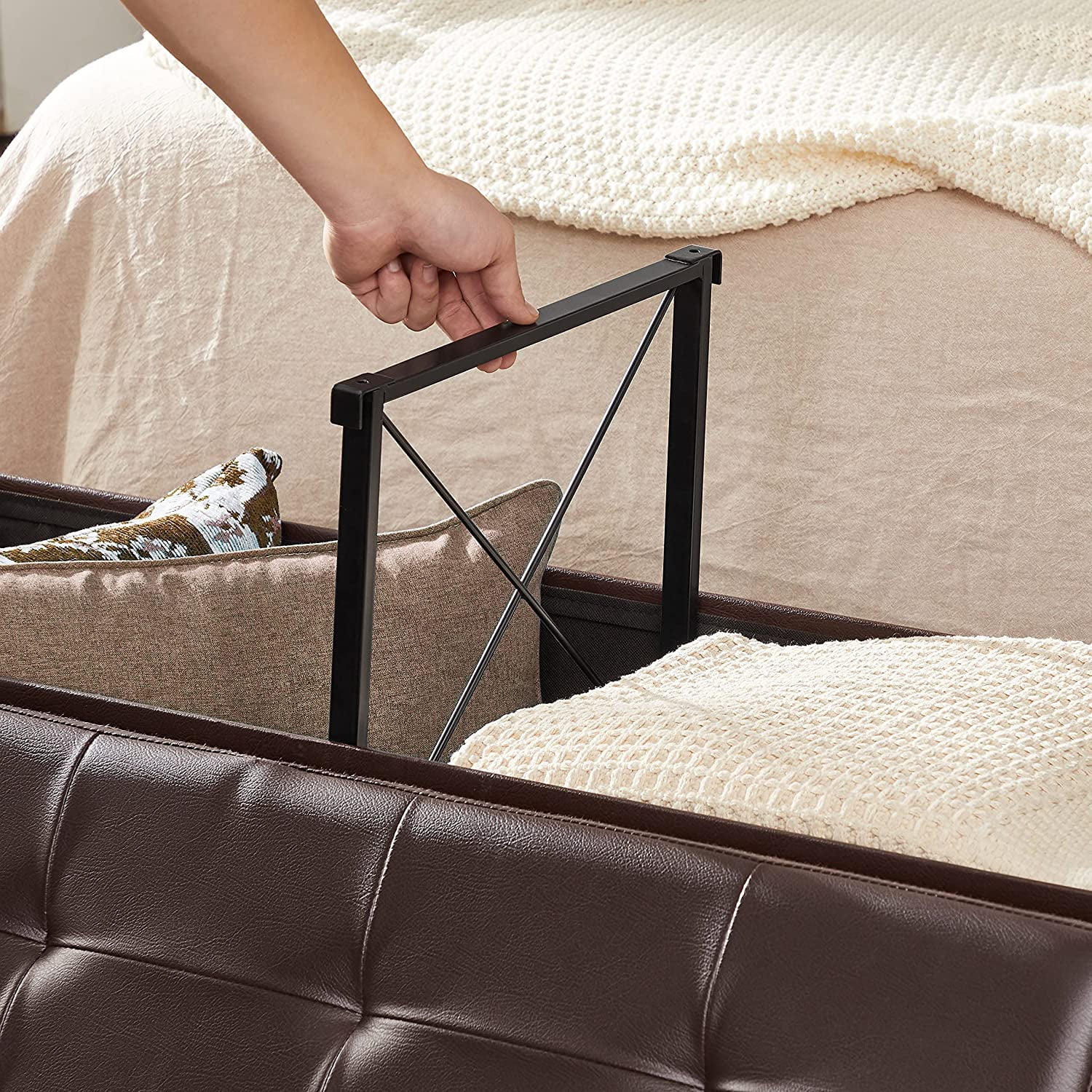 SONGMICS 43" Folding Storage Ottoman Bench Storage Chest Ottoman with Storage Leather Footrest Seat Padded Bench Brown