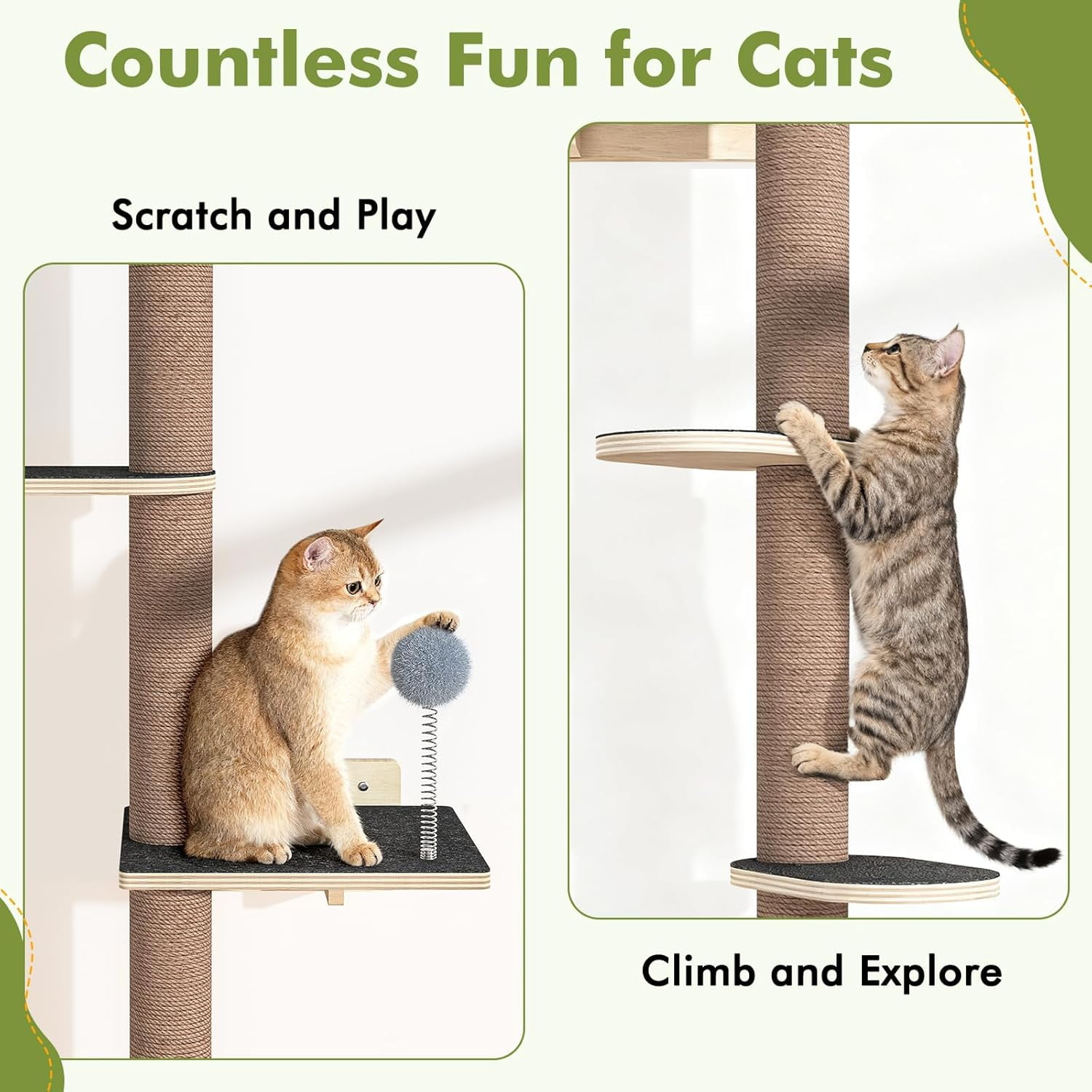 Tall Cat Tree Wall Mounted for Large Cats, 82-inch Corner Scratching Post with Toys, Ceiling-to-Floor Cat Tower and Play Shelf for Sleeping Lounging Perching