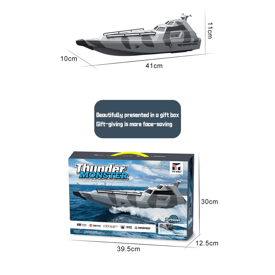RTT TOY RC Boat for Pools & Lakes, 20KM/H Waterproof Design Electric Fast Remote Control Boat Model, RC Speedboat Summer Water Play Toy for Adults