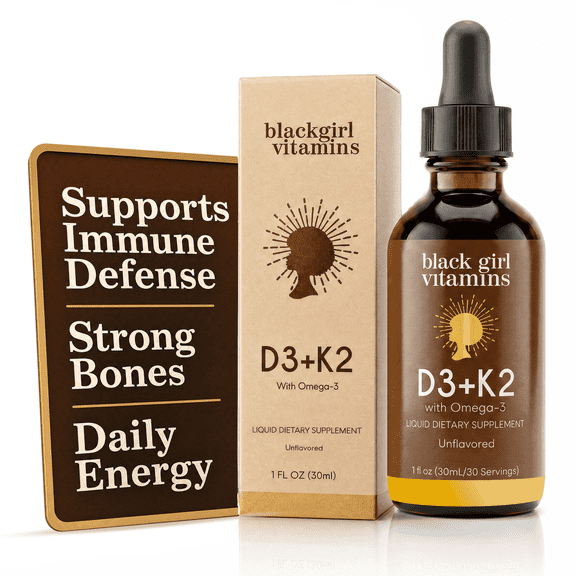 Black Girl Vitamins Vitamin D3 K2 Drops (125mcg each) with Omega 3 – Liquid D3 K2 (MK7) Daily Supplement, Concentrated Unflavored Drops, Vegan (30-Day Supply)