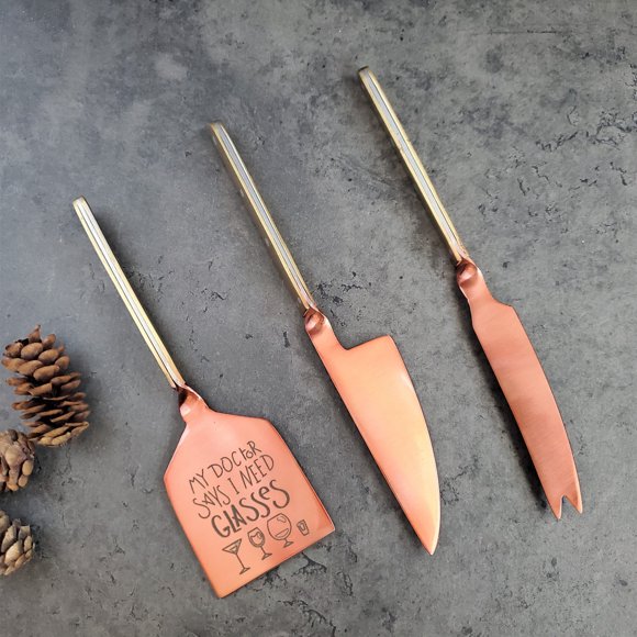 Cheese Knife Set - Brass Handles with Rivets - Reddish Gold Blades - Cheese Knives - Spreader Set - Artisan Handmade - Gift Boxed