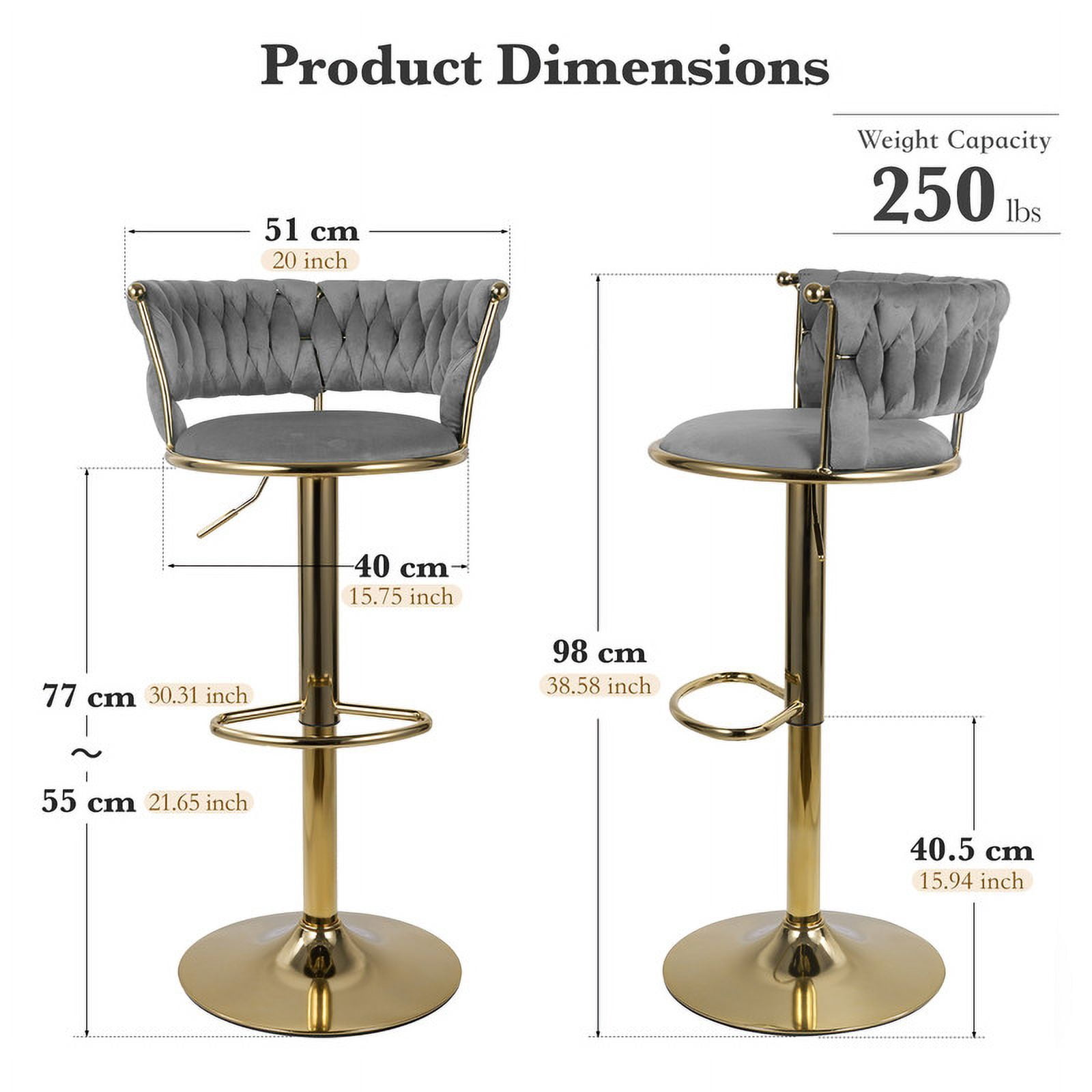 Hawsaiy Modern Velvet Bar Stool Set of 2 with Woven Back and Footrest for Kitchen, Bar, and Dining Spaces,Dark Gray