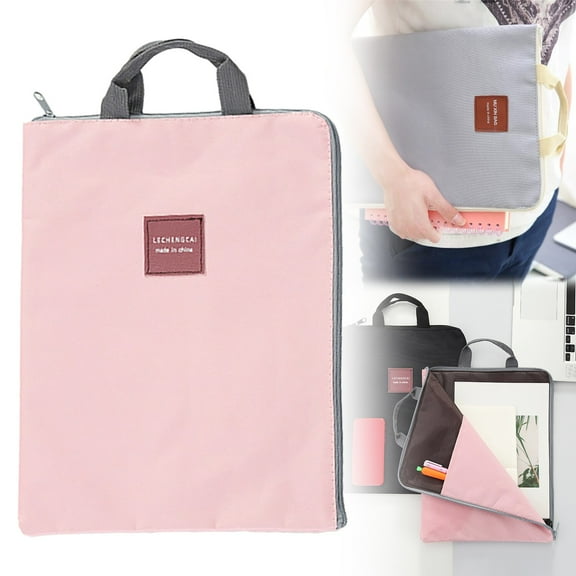 Denhf Multilayer Document Bag, Portable Oxford Canvas A4 Document Pouch with Handle, Aesthetic Folder Bag for Books Papers, Lightweight File Tote Bag, Office Stationery Supplies, 13.8" x 10.6", Pink