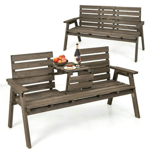 Topcobe Outdoor Fir Wood Bench with Foldable Middle Table, Outdoor Patio Furniture for Garden Backyard Pool Deck-Gray