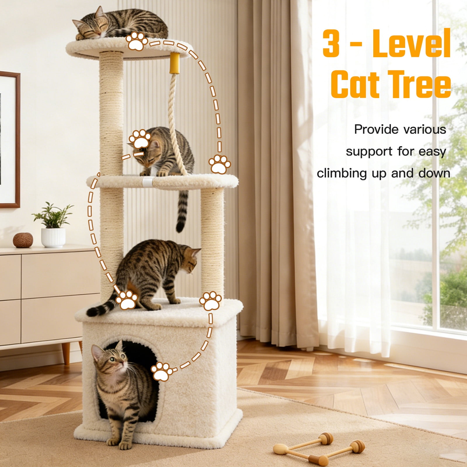 Cat Tree with Condo and Sisal Post, Multi-Level Cat Tower with Top Perchs, Cratching Post for Indoor Cats, Beige