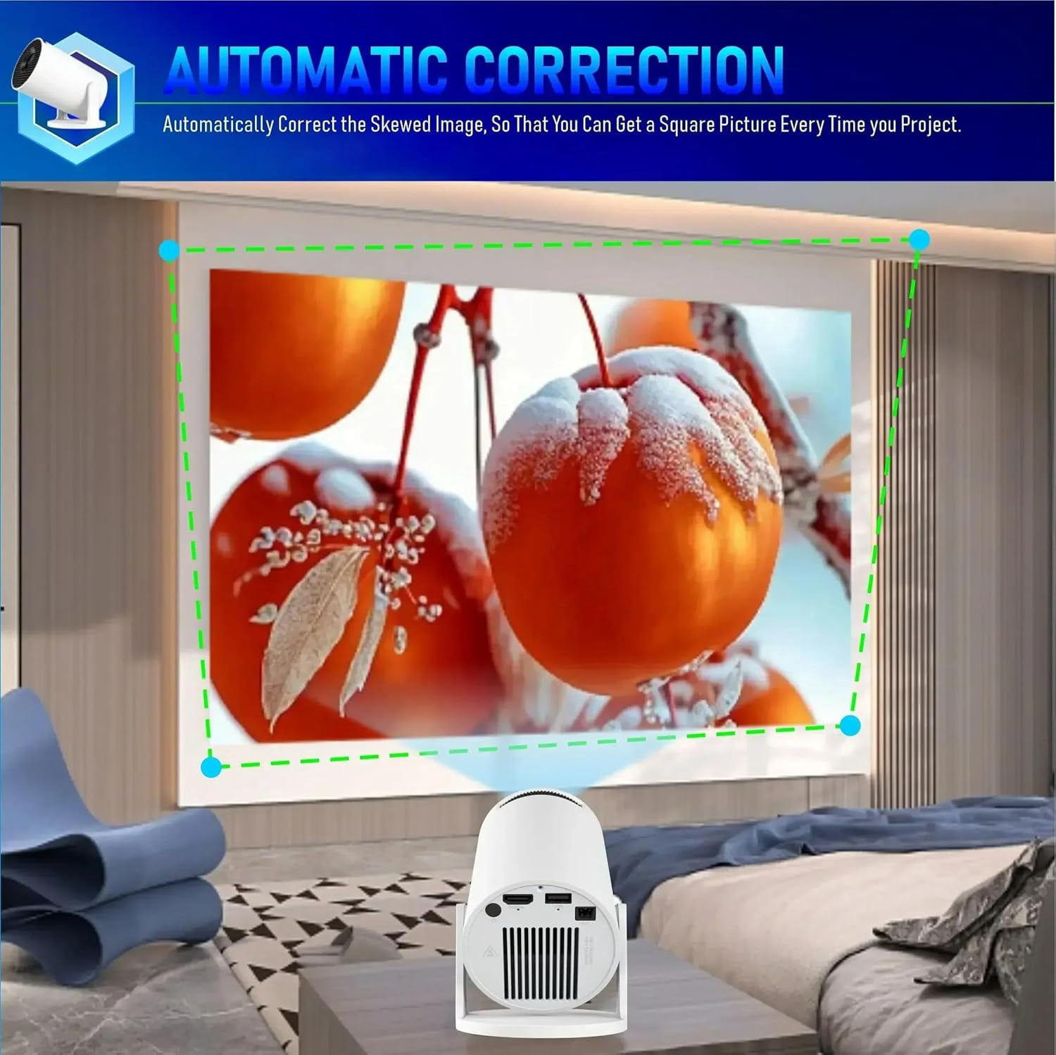 Projector, Upgraded  4K Projector with Wifi 6 and  5.4, Portable Projector with Android 14, Automatic  Correction, 180 Degree, 130 Inch Display (White)