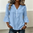 thumbnail image 3 of GERsome Button Down Shirts for Women V-Neck Ruffled 3/4 Sleeve Loose Fit Blouse Tops Solid Color Light Blue L, 3 of 8