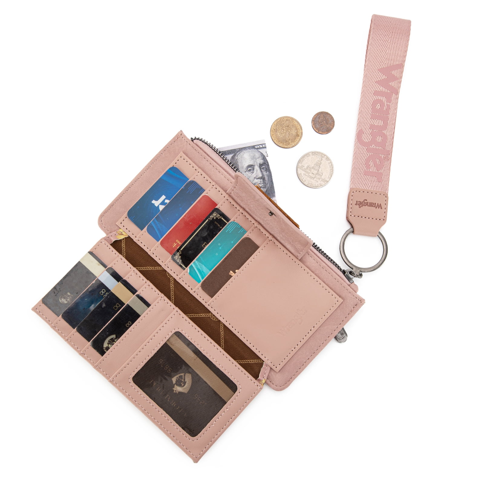 Wrangler Wallet for Women Floral Wristlet Wallets Ladies Female Large Clutch Wallets with Coin Purse and Rfid Lining, Dark Pink