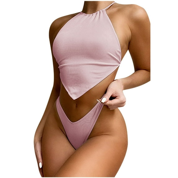 asdoklhq Swimsuits for Women Plus,Women Solid Color Bellyband Bikini Two Piece Set Bra Swimwear Beachwear