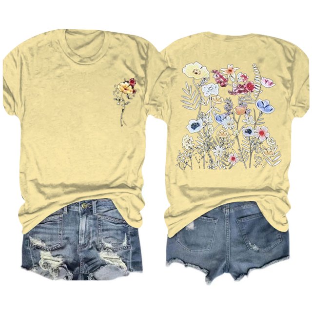 Fiudx Tops para Mujer Blusas con Estampado de Flores Pequeñas para Mujer Top de Manga Corta con Cuello Redondo