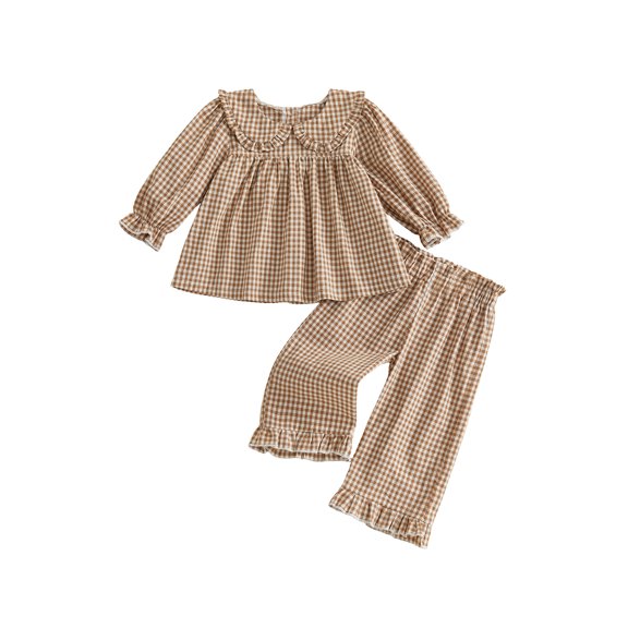 Cjfdfy Toddler Baby Girls Plaid Outfit Fashionable Long Sleeve Doll Collar Tops With Pants 2Pcs Fall Set Cute Pink Brown Plaid Fall Winter Outfit Size 6M-4Y