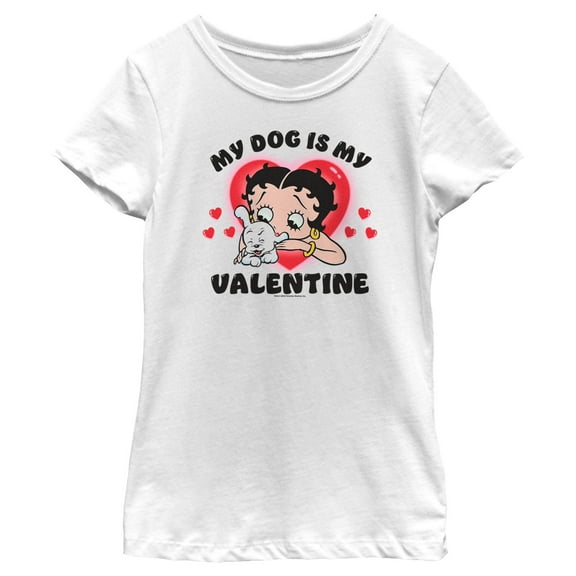 Girl's Betty Boop My Dog Is My Valentine  Graphic Tee White Small