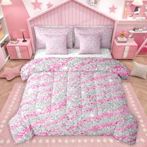 Homewish Chic Glitter Print 7-Piece Bedding Comforter Set,Safari Tiger Lines King Bedding Sets,Pink Gray Bed Sheets For Girls Kids,Microfiber Bedroom Decor Reversible