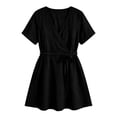thumbnail image 4 of Women's Summer Cotton Linen Wrap V-Neck Mini Dress Short Sleeve Waist Tie Flowy A-Line Casual Swing Dress for Beach Daily Wear Black XXL(XXL), 4 of 7