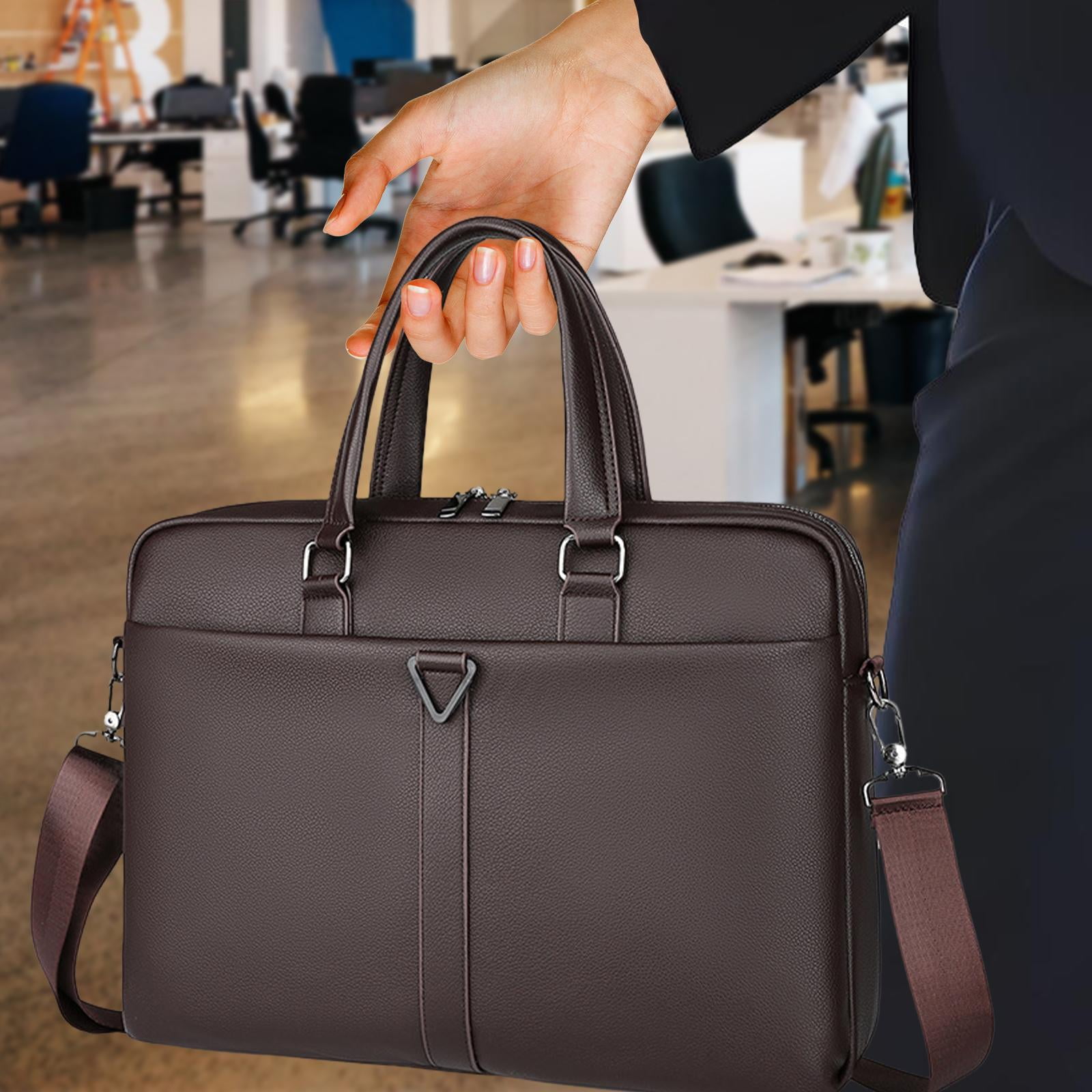 Wxqbjtam Mens Business Bag Briefcase with Shoulder Strap Large Capacity Handbag Crossbody PU Brown