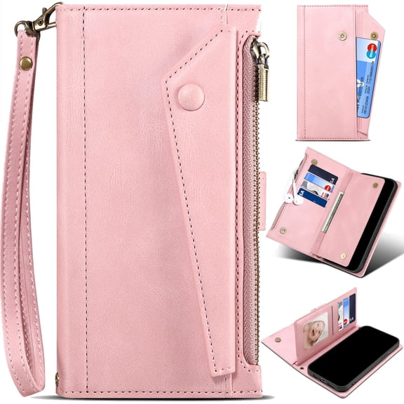 for Samsung Galaxy A17 Leather Phone Case Nubuck Suede Wallet Zipper Pocket Bag Magnetic Flip Cover, RFID Blocking Multiple Card Holder Slot, Detachable Crossbody Lanyard   Wrist Strap